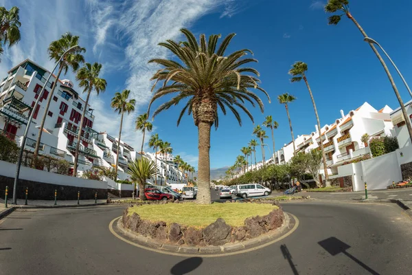 Kreisverkehr mit kanarischer Palme im Zentrum des Ferienortes playa de las americas. Super Weitwinkelpanorama. Es ist ein sonniger Tag mit sehr wenigen schönen weißen Wolken. teneriffa, spanien — Stockfoto