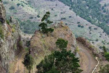 La Gomera Adası 'nın kuzeydoğusunda. Dağ toprak yolunun dar kıvrımlı yılanı. Yeşil çimlerle kaplı eski volkanik dağlar, dik yamaçlardaki çalılıklar ve çalılar. Kanarya Adaları