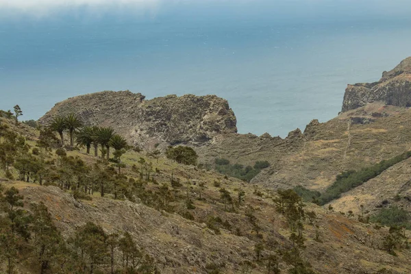 Parque natural majona. Nordosten der Insel La Gomera. alte Vulkanberge mit grünem Gras, Lorbeerdickicht und Heidekraut an steilen Hängen. Kanarische Inseln, Spanien — Stockfoto