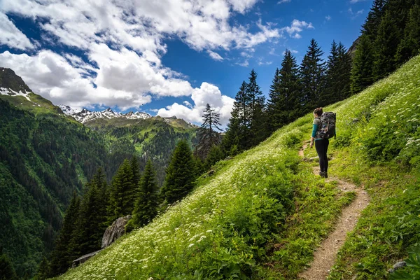 Female Traveler Backpack Hiking Mountain Trail Admiring Views Swiss Alps — Stock Photo, Image