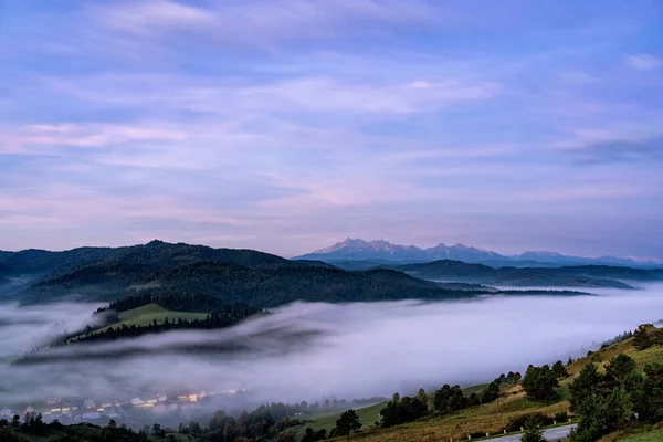 Güzel Gündoğumu Yüksek Kayalık Tepeler Puslu Sisli Bir Vadi Slovakça — Stok fotoğraf