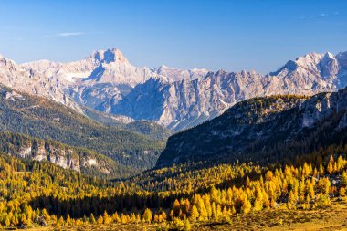 İtalyan Alpleri'nde görkemli Dolomites dağlarının renkli doğal görünümü. Manzara fotoğraf renkli ağaçlar ve rocky Dağları'nın İtalyan Dolomites sonbahar süre içinde.