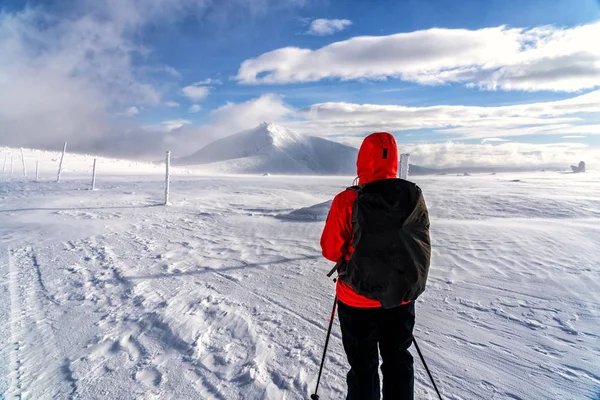 Vinter Sportaktivitet Kvinna Vandrare Vandring Med Ryggsäck Och Snöskor Snöskor — Stockfoto