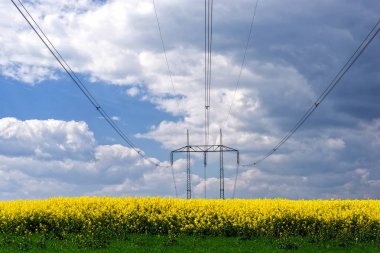 Tarım alanlarında yüksek gerilim kuleleri ve kabloları. Güney Moravya kırsal ülkesi, Çek Cumhuriyeti.