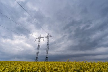 Tarım alanlarında yüksek gerilim kuleleri ve kabloları. Güney Moravya kırsal ülkesi, Çek Cumhuriyeti.
