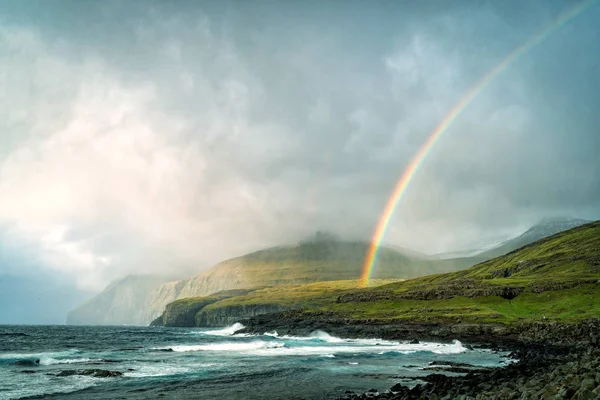 Dramatic Landscape Faroe Island Stormy Clouds Rainbow — Stock Photo, Image