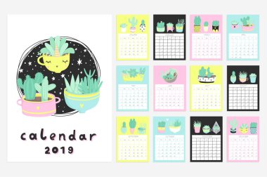 Sevimli yaz teması. Kaktüslerin vektör illüstrasyonu. Takvim 2019