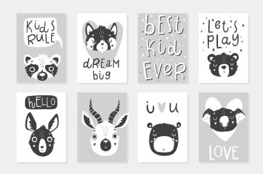 Monochrome stylish kids collection of eight cute childish ready-to-use gift tags with animals. Cute scandi black and white card with animals. Vector badge design clipart