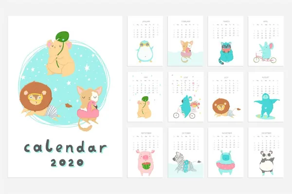 カレンダー2020 夏の動物とかわいい毎月のカレンダー 手描きのスタイルの文字 ベクトルイラスト — ストックベクタ