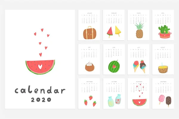 Calendrier 2020 Calendrier Mensuel Mignon Avec Objets Style Vie Fruits — Image vectorielle