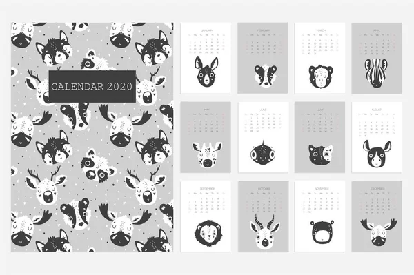 カレンダー2020 ストックベクトル 黒と白の色で手描きの動物と楽しさとかわいいカレンダー スカンジナビアスタイル 象パンダ猫と他 — ストックベクタ