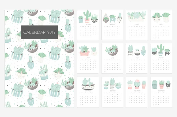 Cute Summer Theme Vector Illustration Cacti Calendar 2019 — Stock Vector