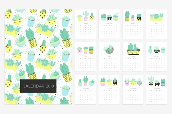 Sött Sommar Tema Vektor Illustration Kaktusar Kalender 2019 — Stock vektor