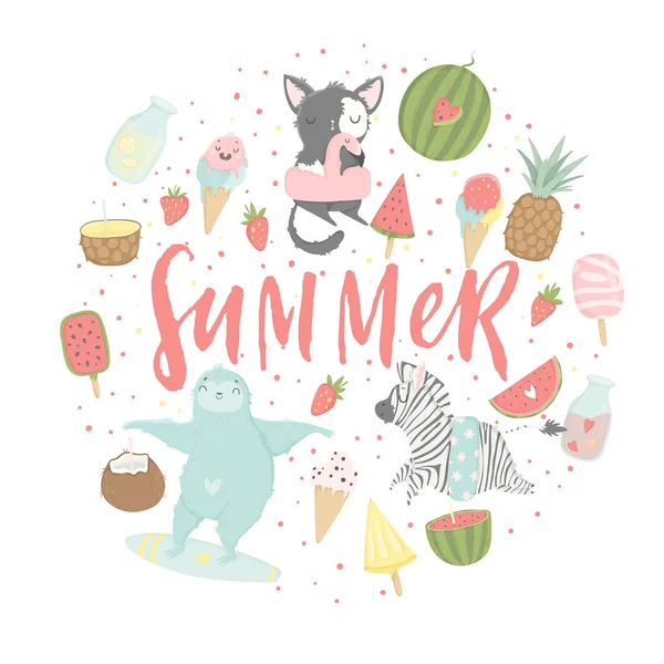 Cartaz Verão Divertido Cartões Com Animais Bonitos Frutas — Vetor de Stock
