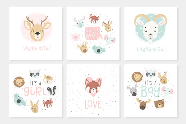 Colección Carteles Baby Shower Tarjetas Con Animales Lindos Letras Dibujadas — Vector de stock