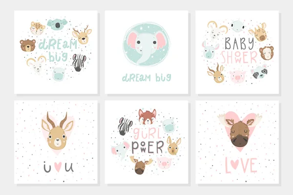 Colección Carteles Baby Shower Tarjetas Con Animales Lindos Letras Dibujadas — Archivo Imágenes Vectoriales