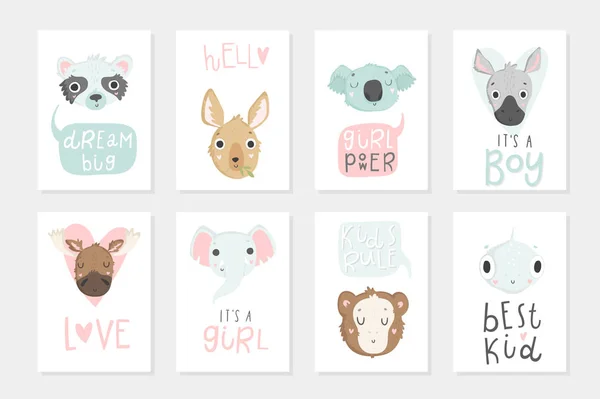 收集了8张婴儿淋浴海报 卡片与可爱的动物和手绘字母在白色背景 柔和的颜色 保存日期 婴儿淋浴 — 图库矢量图片