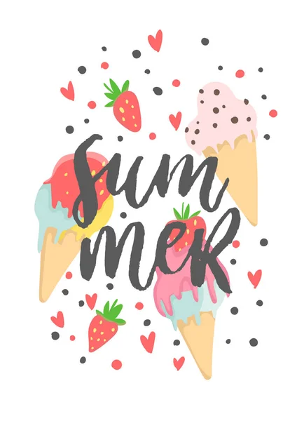 楽しい夏のポスター 様々なアイスクリームと明るいカード ベクトルコラクション — ストックベクタ
