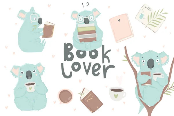 Set Van Verschillende Stickers Accessoires Boek Lover — Stockvector