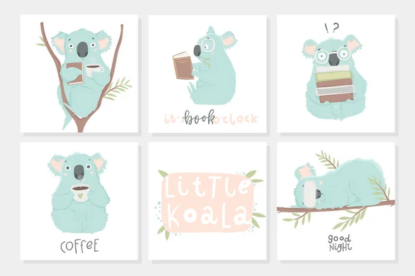 Szablon Pocztówki Ilustracjami Napisem Cute Niebieski Koala Ręcznie Rysowane Ilustracji — Wektor stockowy