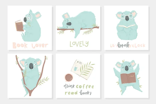 6 postcard template with illustrations and lettering. Cute blue koala hand drawn illustration could use as card, tag, poster, label template design. Baby shower room decor element or invitation