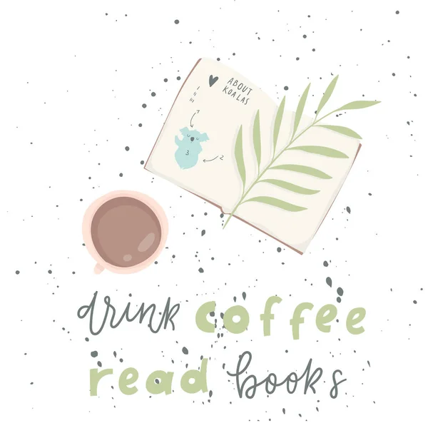 Vector Drink Coffee Read Books — Stock Vector