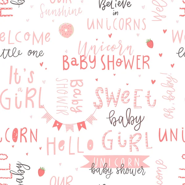 Hand Drawn Cute Kids Seamless Pattern Lettering Pink Color Unicorn — Stockvector