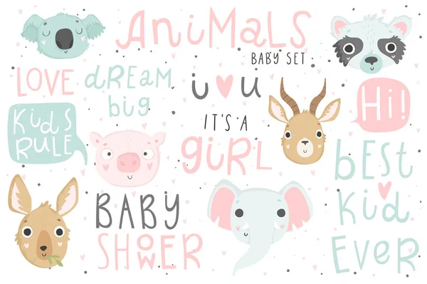 Roztomilá Zvířata Izolované Ilustrace Nápisy Pro Děti Vektorový Obraz Perfektní Royalty Free Stock Ilustrace