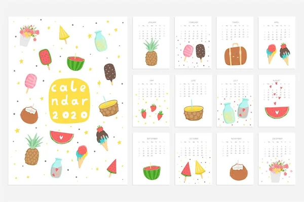 Kalendarz 2020 Ładny Miesięczny Kalendarz Obiektami Stylu Życia Owoce Lody Ilustracja Stockowa