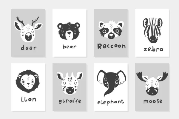 Hayvanlarla Sekiz Sevimli Çocuksu Kullanıma Hazır Hediye Etiketleri Monokrom Çocuk Stok Illüstrasyon