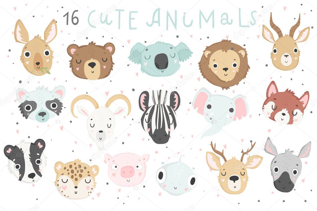 Cute animals isolated illustration for children. Vector image. Perfect for nursery posters, patterns, party invitation, cards, tags etc