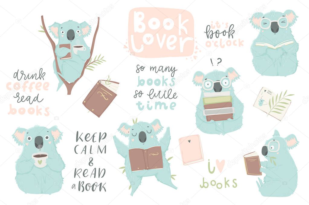 Cute hand drawn blue koala illustration set. Books, coffee, lettering, koala bear art collection. Cute design for baby clothes, textile, kid room decor, prints