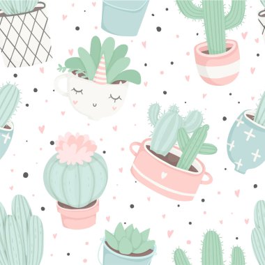 Sevimli yaz teması. Kaktüslerin vektör illüstrasyonu. Arka plan 