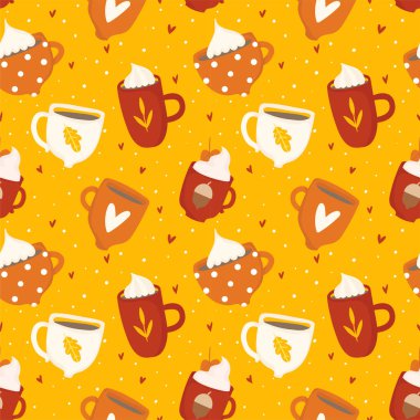 Sevimli bardak, kupalar ile el çizilmiş sarı ve turuncu Sonbahar romantik sorunsuz desen çizilmiş. Sarı, turuncu ve kırmızı renklerde vektör çizim arka planı 