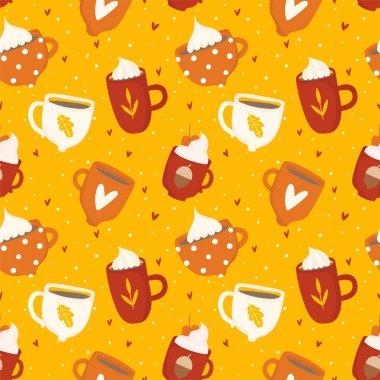 Sevimli bardak, kupalar ile el çizilmiş sarı ve turuncu Sonbahar romantik sorunsuz desen çizilmiş. Sarı, turuncu ve kırmızı renklerde vektör çizim arka planı 