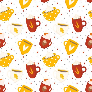 Sevimli bardak, kupalar ile el çizilmiş sarı ve turuncu Sonbahar romantik sorunsuz desen çizilmiş. Sarı, turuncu ve kırmızı renklerde vektör çizim arka planı 