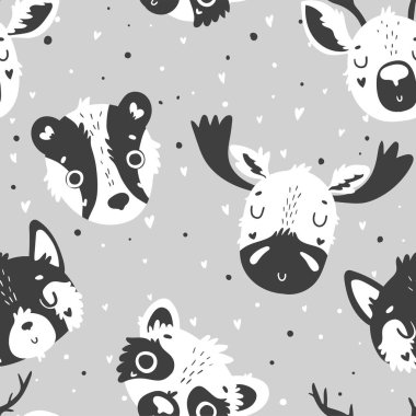Hayvanlar ile Sevimli scandi siyah ve beyaz dikişsiz desen, çocuk giyim için kreş izole illüstrasyon. Elle çizilmiş tek renkli görüntü. Telefon kılıfları tasarımı, kreş posterleri, kartpostallar için mükemmel