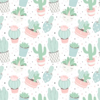 Sevimli yaz teması. Kaktüslerin vektör illüstrasyonu. 