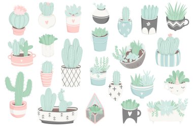 Sevimli yaz teması. Kaktüslerin vektör illüstrasyonu. 