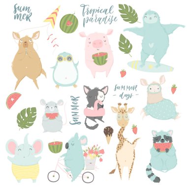 Cute animals charachters isolated illustrations in cartoon hand drawn style for children. Summer set - calligraphy, animals, ice cream and other elements. Vector collection.  clipart