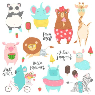 Sevimli hayvanlar karakterleri çocuklar için karikatür el çizilmiş tarzı izole çizimler. Yaz seti - kaligrafi, hayvanlar, dondurma ve diğer unsurlar. Vektör toplama. 