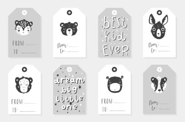 Monochrome stylich kids collection of eight cute childish ready-to-use gift tags with animals. Cute scandi black and white tags with animals. Vector badge design clipart