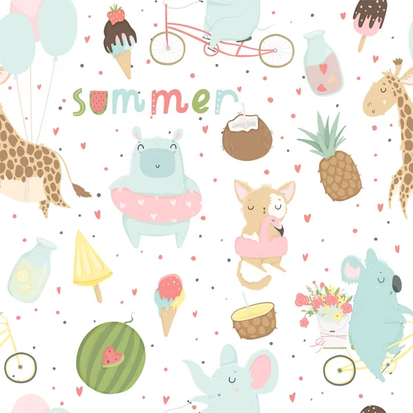 Cute Bright Seamless Pattern Animals Vector Background Animals Ice Cream — Stock Vector