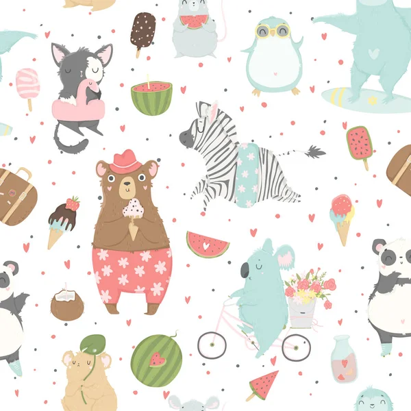 Cute Bright Seamless Pattern Animals Vector Background Animals Ice Cream — Stock Vector