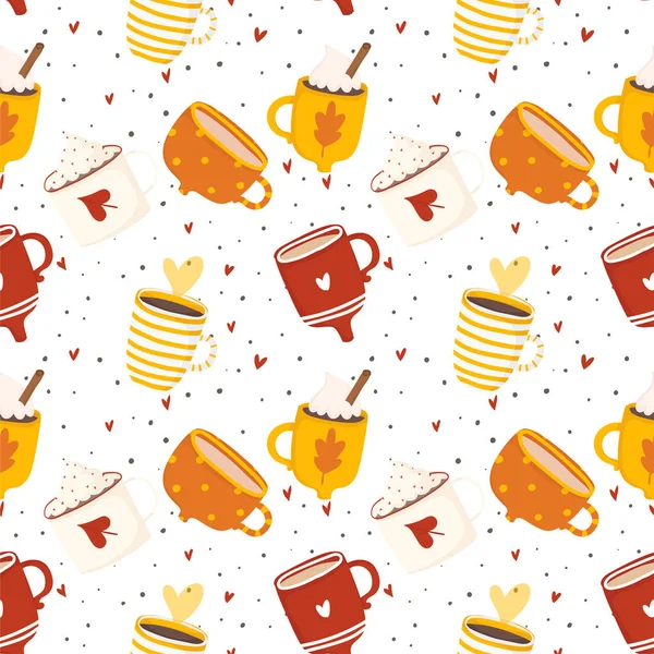 Hand Drawn Yellow Orange Autumn Romantic Seamless Pattern Cute Cups — Stock Vector