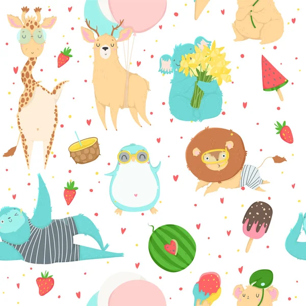 動物とかわいい明るいシームレスなパターン アイスクリーム ドットとベクター背景 包装紙 背景デザイン — ストックベクタ