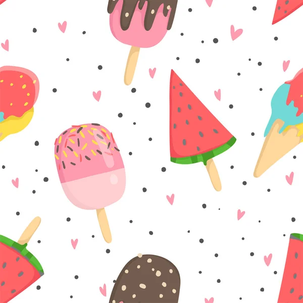 アイスクリームと夏のシームレスなパターン 包装紙 背景デザイン — ストックベクタ