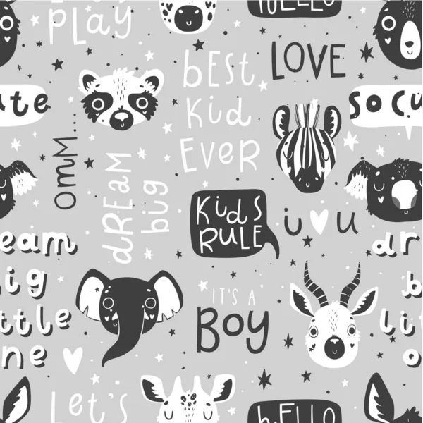 Cute Scandi Black White Seamless Pattern Animals Nursery Isolated Illustration — Stock Vector