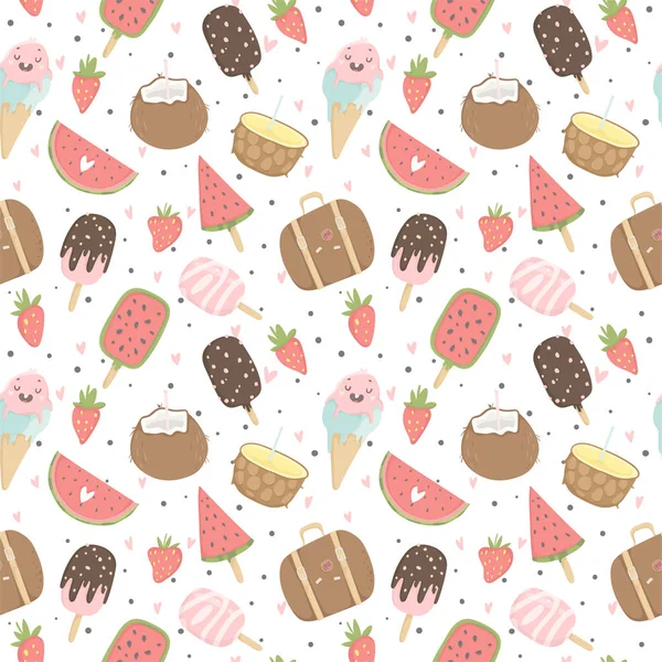 アイスクリーム フルーツと夏のシームレスなパターン 包装紙 背景デザイン — ストックベクタ