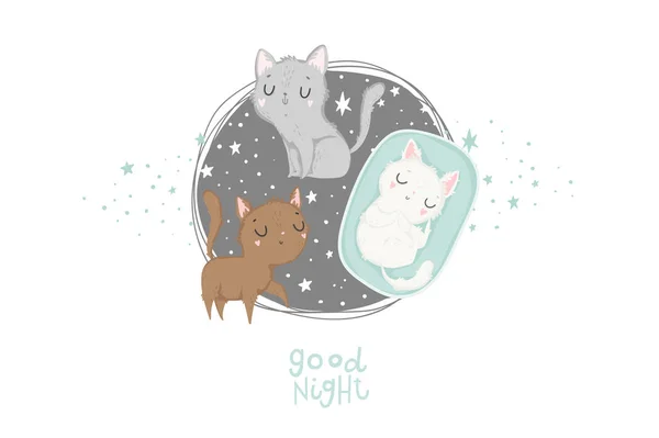 Pegatina Divertidos Gatos Dibujos Animados Linda Ilustración Vectorial Buenas Noches — Archivo Imágenes Vectoriales